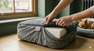 Alt text for image 6: A person removing the machine-washable zip cover featuring a British Sewn label from a small heated dog bed.
