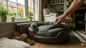 Alt text for image 4: Close-up of a removable, machine-washable cover being zipped off a high-quality French Bulldog bed.