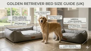 A technical diagram highlighting the mud-repellent outer fabric and machine-washable internal tartan lining of a durable dog bed.