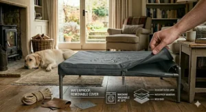 A waterproof and removable dog bed cover being unzipped, showing a machine washable label for easy cleaning.