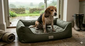 A durable, wipe-clean waterproof dog bed, ideal for a Beagle resting after a wet walk in the British countryside.
