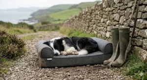 A durable waterproof dog bed placed outdoors against a dry stone wall next to muddy green wellington boots.