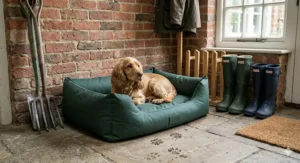 A durable, forest green waterproof dog bed situated in a boot room next to muddy wellington boots and a garden fork.