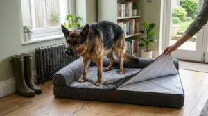 Illustration of a waterproof German Shepherd bed with a removable machine-washable cover, ideal for muddy paws after a rainy UK walk.