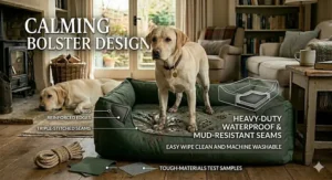 A heavy-duty waterproof dog bed designed to handle mud and moisture after a walk in the UK countryside.