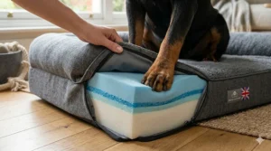A hand using a damp cloth to easily wipe away muddy paw prints from the waterproof grey fabric of a Rottweiler bed.
