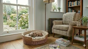 A traditional wicker basket bed for small dogs featuring a thick, fleece-lined cushion.
