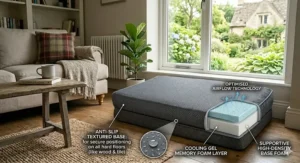 An upside-down view of a temperature regulating dog bed highlighting its anti-slip textured base for secure positioning on hard floors like wood and tile, with a cutaway revealing the internal cooling gel layer.