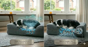 Alt text for image 9: A lifestyle photo of an anxious Border Collie visibly relaxing on a shredded memory foam bed in a cozy British home setting.