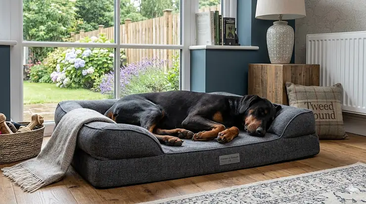 A large black and tan Dobermann curled up comfortably on a high-quality orthopaedic memory foam dog bed in a modern British living room. best dobermann beds