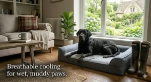 A wet, muddy black labrador resting on a grey temperature regulating dog bed next to a pair of muddy Hunter wellington boots after a rainy British walk.