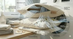 Graphic illustration of air circulation through cotton fibres in the dog bed for comfort.