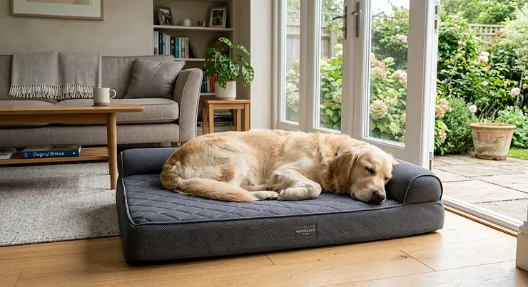 A golden retriever resting comfortably on a luxury breathable memory foam dog bed in a bright, modern living room. breathable memory foam dog bed