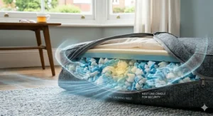 Alt text for image 3: A diagram illustrating how the raised, nested edges of a dog bed provide security and comfort for anxious pets.