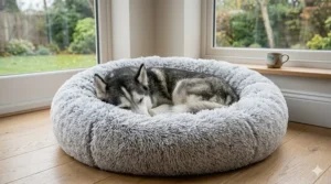 A large, plush silver-grey calming donut bed suitable for a Siberian Husky that likes to curl up.