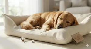 A happy dog sleeping comfortably on a soft cotton dog bed, ideal for pets with environmental allergies.