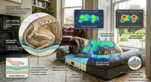 A cross-section of a dog bed featuring a breathable cooling gel layer to help giant breeds regulate temperature.