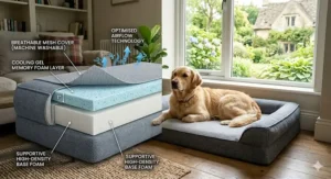 A cross-section diagram of a temperature regulating dog bed, showing the machine-washable breathable mesh cover, cooling gel memory foam layer, and supportive high-density base foam.