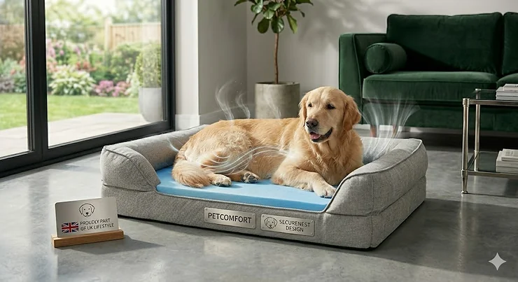 A photorealistic lifestyle image of a golden retriever relaxing on a cooling memory foam dog bed in a modern, sunlit British living room, positioned on a polished concrete floor next to large glass patio doors looking out to a garden, with a deep green velvet sofa in the background. cooling memory foam dog bed