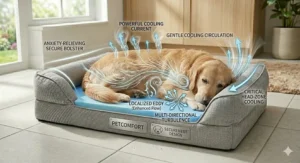 A photorealistic illustration of a golden retriever curled up asleep on a cooling memory foam dog bed, with graphic wave overlays demonstrating gentle cooling air circulation and localized eddies, highlighting the anxiety-relieving bolster and critical head-zone cooling.