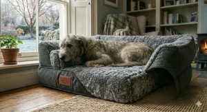 A cosy, faux-fur lined giant breed dog bed perfect for keeping large dogs warm during British winter months.