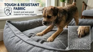 Detailed view of a Border Terrier nesting on a scratch-resistant, durable fabric cover of a heavy-duty shredded foam dog bed.