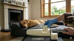 Close-up of the durable, scratch-resistant outer cover fabric of a memory foam dog bed.