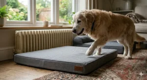 A side-view illustration showing an older dog with stiff joints easily stepping onto a low-profile high-density foam bed without having to jump.