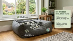 Sustainable shredded foam dog bed made with eco-friendly recycled memory foam fillings, perfect for the green British home.