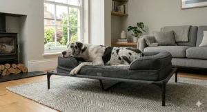 A sleek, raised Great Dane bed with a metal frame, designed to improve airflow and keep large dogs cool in summer.