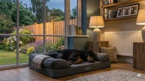 An extra-large flat mattress dog bed showing a Dobermann fully stretched out to demonstrate ample sleeping space.