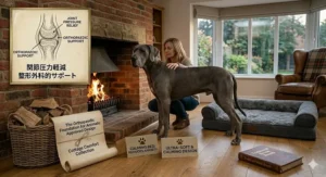 Alt text for image 9: An extra-large jumbo dog bed placed by a traditional fireplace in a British country home.