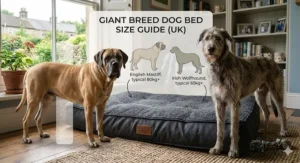 A size comparison chart for giant breed dog beds featuring a Mastiff and an Irish Wolfhound to ensure the correct fit.
