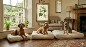 A happy dog relaxing on a stylish, minimalist organic cotton dog bed, blending perfectly with modern home decor.