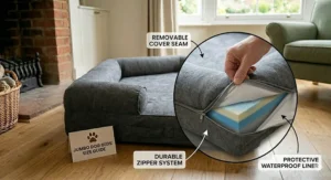 Alt text for image 7: Close-up texture of scratch-resistant, heavy-duty fabric used on premium jumbo dog beds.