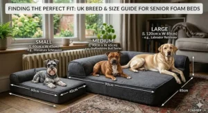 A conceptual illustration of a lightweight, portable high-density foam bed folded or placed in the boot of a car, ideal for travelling with a senior dog.