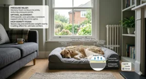 Illustration of a dog's spine alignment on an orthopaedic high density memory foam mattress.
