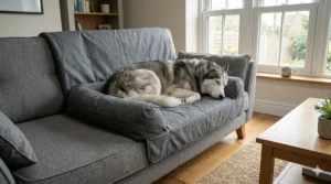 A grey bolster-style sofa protector bed for a Husky, designed to keep dog hair off home furniture.