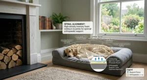 A small terrier curled up on a high density memory foam dog bed next to a traditional British fireplace.