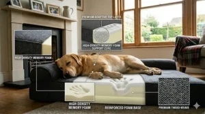 Size guide diagram with dimensions in centimetres for a large memory foam bed suitable for a Labrador.