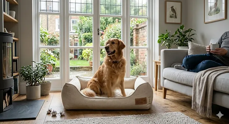 A premium, hypoallergenic cotton dog bed in a modern British living room, designed to soothe sensitive skin. cotton dog bed for allergies
