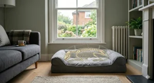 A large Golden Retriever sleeping on a grey high density memory foam dog bed in a modern British living room.