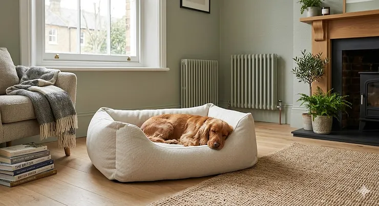 A premium organic cotton dog bed placed in a stylish British living room, showcasing a sustainable and cosy resting space for a dog. organic cotton dog bed