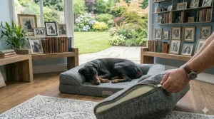 A luxury sofa-style dog bed in charcoal grey fabric that complements a contemporary UK home interior.