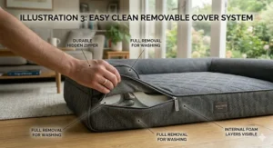 A hand unzipping the removable, machine-washable cover from the breathable memory foam dog bed.