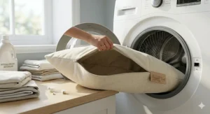 Easy-to-remove cotton dog bed cover being placed into a washing machine for hygienic cleaning.