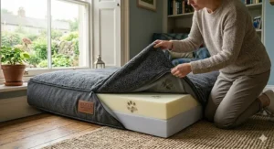 An illustration showing a removable, machine-washable cover being zipped off a large dog bed, ideal for muddy paws.