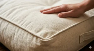 An easy-to-remove organic cotton cover being placed into a washing machine for simple, hygienic maintenance.