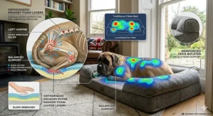 Technical illustration showing memory foam layers providing pressure relief for a Mastiff’s joints and hips.