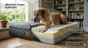 Diagram showing memory foam layers in a giant breed dog bed providing pressure relief for senior dogs with arthritis.